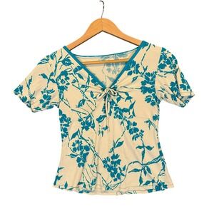 Floral Tie Front Top Womens Small Teal Blue Cream V-Neck Retro Y2K Front Tie